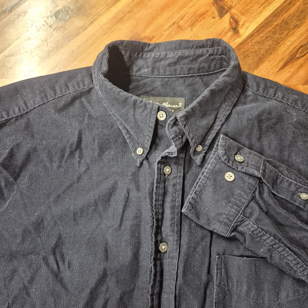 VTG Eddie Bauer Mens Navy Blue Long-Sleeve Button-Down Corduroy Shirt, Large